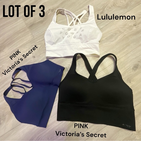 Lot of 3 Lululemon and Pink by Victoria's Secret Sports Bra White, Black, Blue - Picture 1 of 11